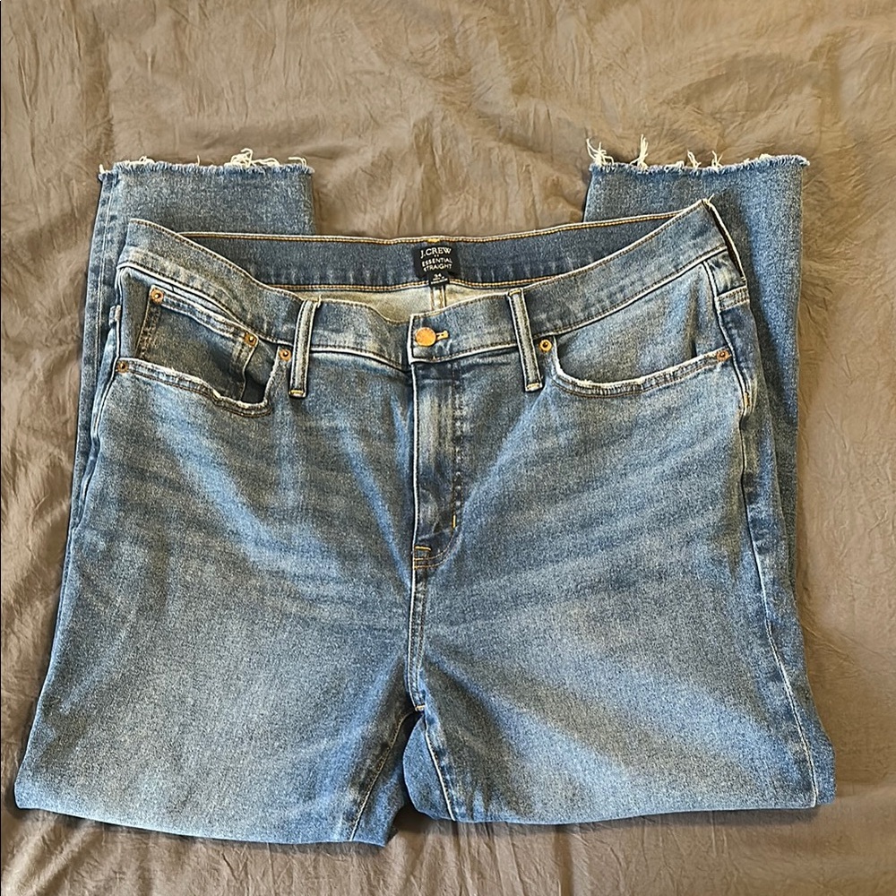 EUC J. Crew Essential Straight Leg Blue Jeans with Frayed Hem